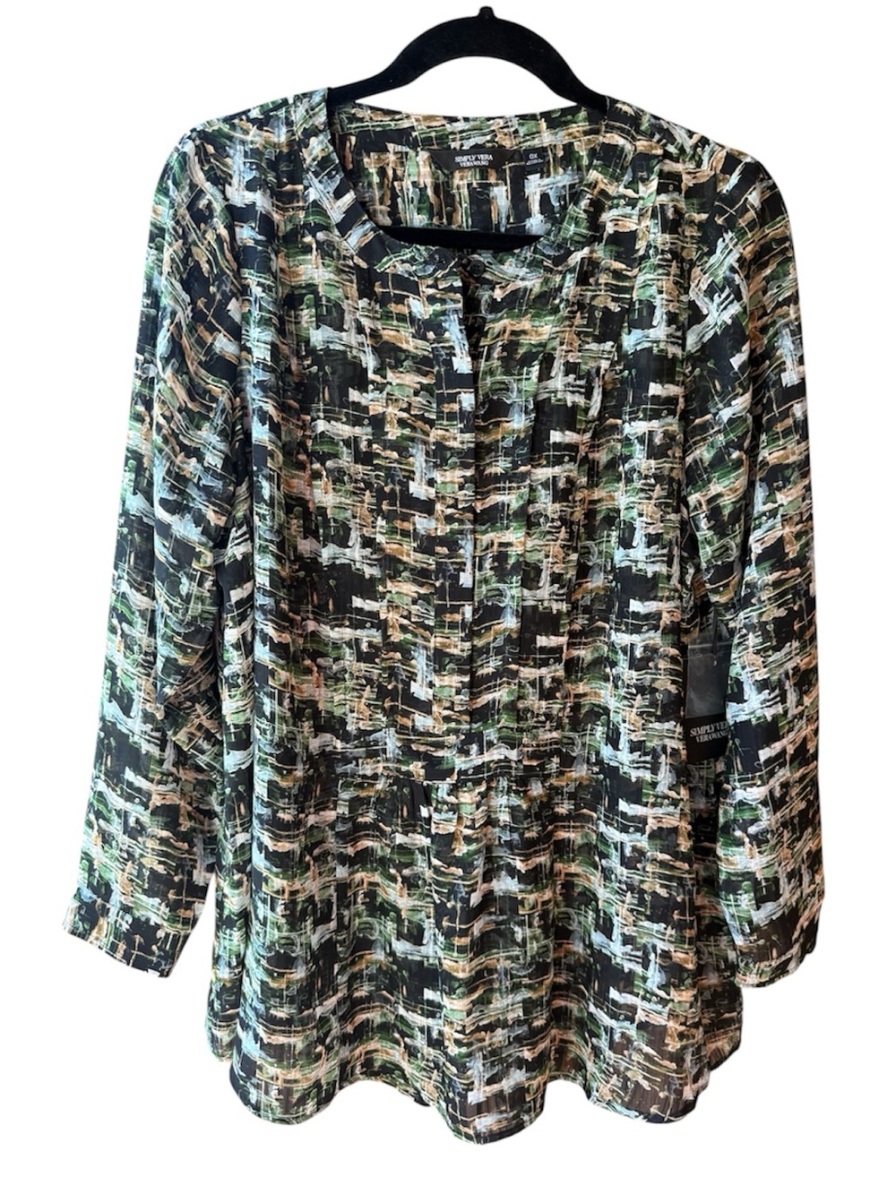 Simply Vera Vera Wang Black, Green and Cream Printed Long-Sleeve Blouse, sheer